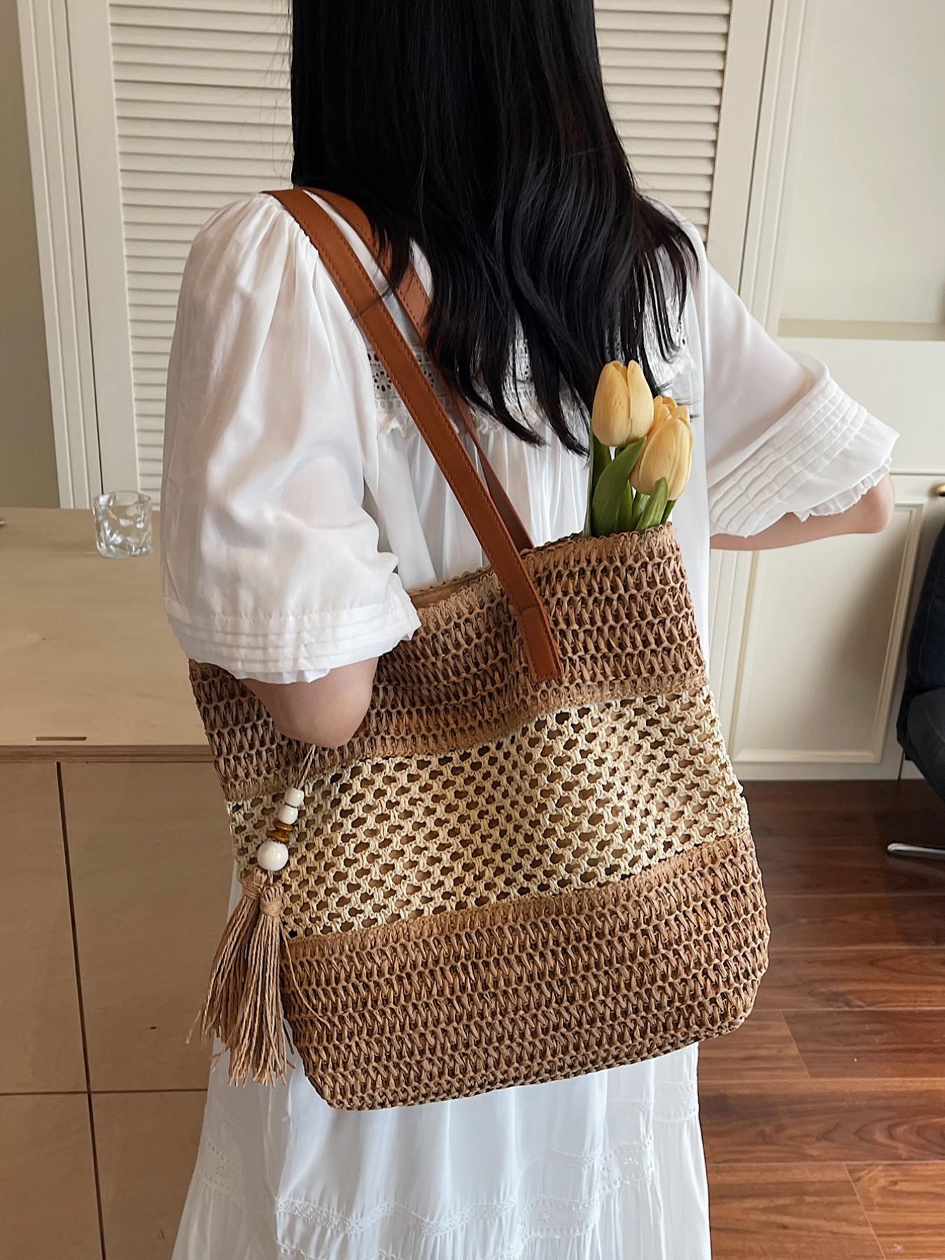 2026 Summer Bohemian Tote Bag, Handwoven Raffia, Leather Strap, Pearl Fringe, Large Capacity, Perfect for Daily Use, Fashionable & Comfortable