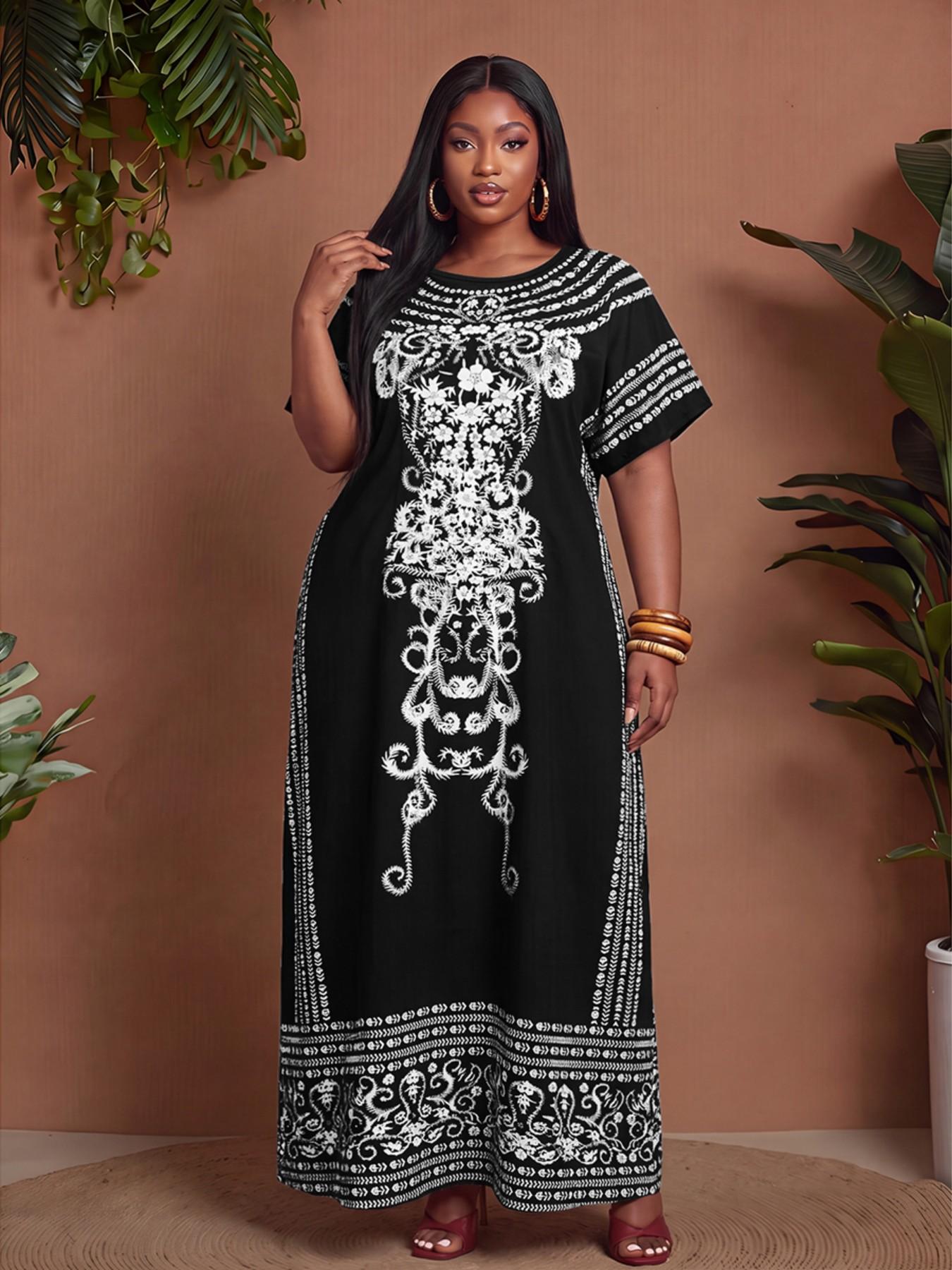 African Totem Print Long Dress, Bohemian Print Dress, Boho Style Loose Fit Short Sleeve Maxi Dress, Plus Size Home Beach Summer Vacation Dress, Vintage Exotic Wind, Casual