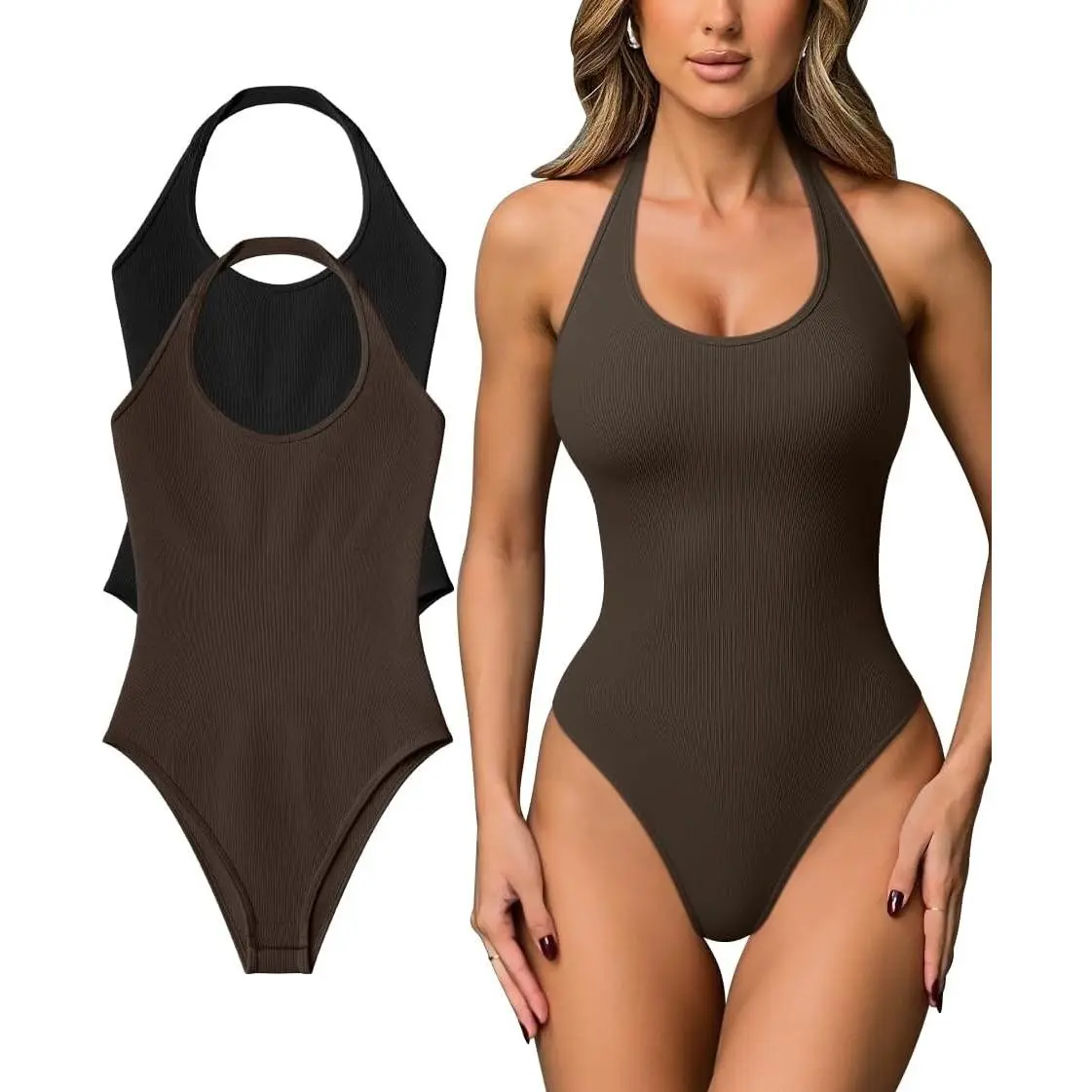 Women Halter Neck Bodysuits 2 Pack Sleeveless Shapewear One Piece Leotard Shirt Going Out Tops