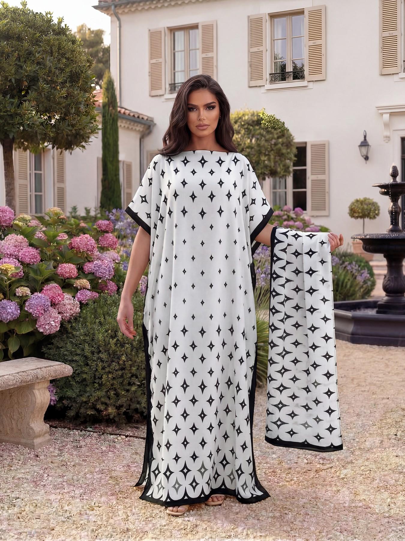 Elegant Geometric Print Shawl Set, Fitted Long Robe with Headscarf, Sun Protection Silk Scarf, Beachwear for Women, All Seasons, Swimsuit Coverup, Beach Cover Ups, Swimwear Cover Up
