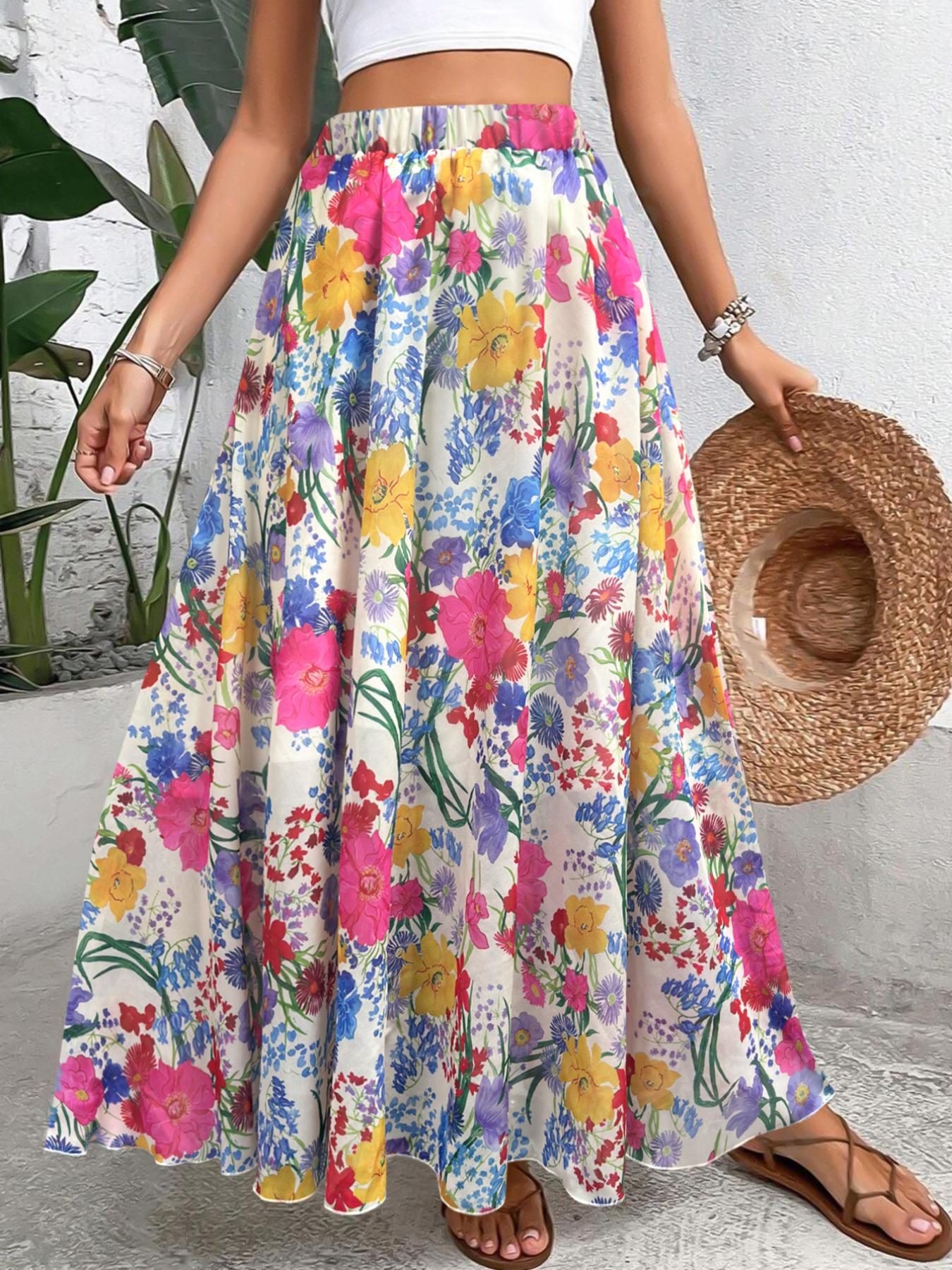 Women's Floral Print Skirt, Floral Pattern Skirt, Boho Casual Skirt, Elegant Chic Boho Bohemian Style Maxi Long Skirt for Beach Holiday Vacation, Lightweight Ladies Bottoms for All Seasons, Womenswear