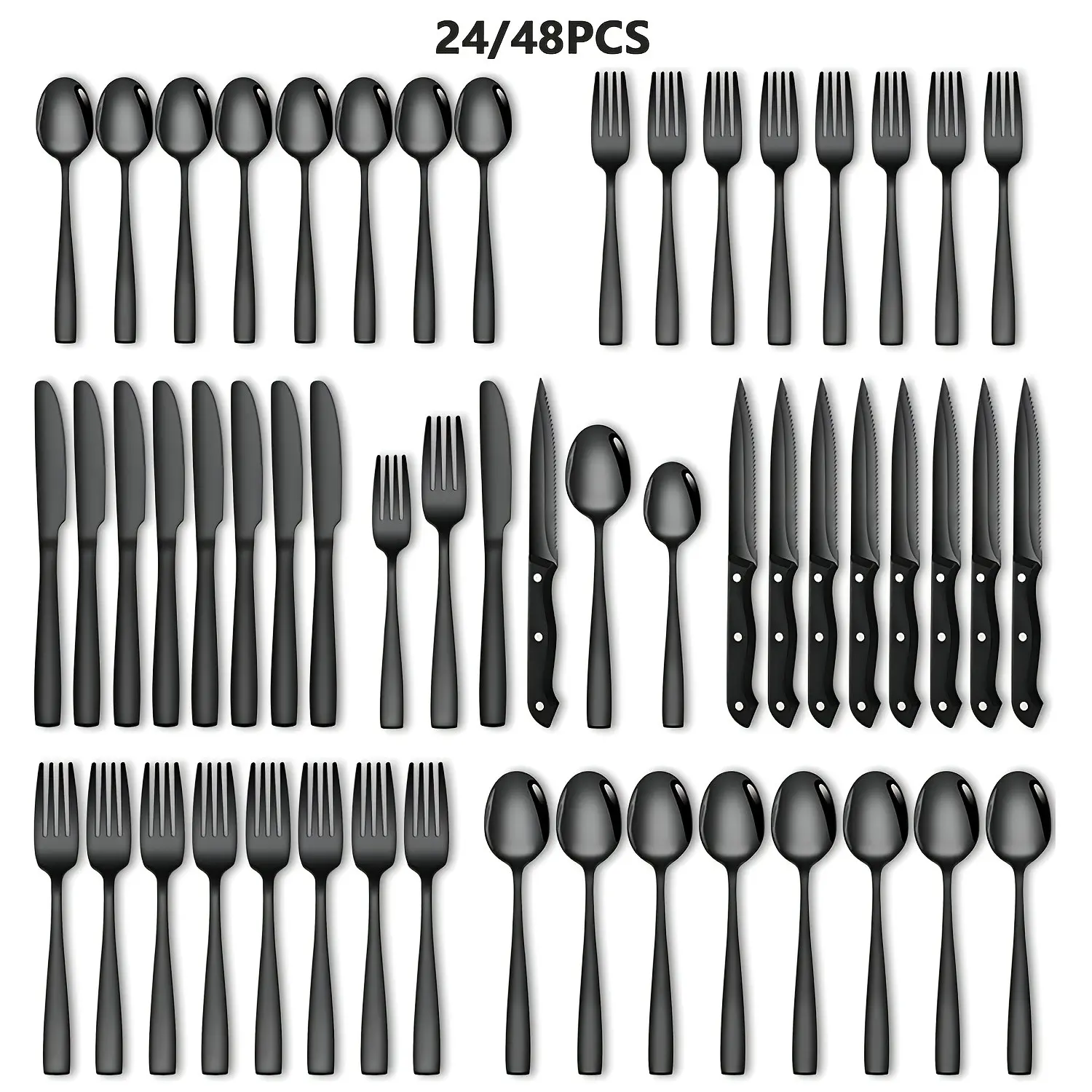 24/48pcs Black Silverware Set, Christmas Stainless Steel Flatware Cutlery Set, Eating Utensils for 8, Mirror Polish, Includes 8 Steak Knives, 8 Dinner Knives, 8 Dinner Forks, 8 Dinner Spoons, 8 Dessert Forks, 8