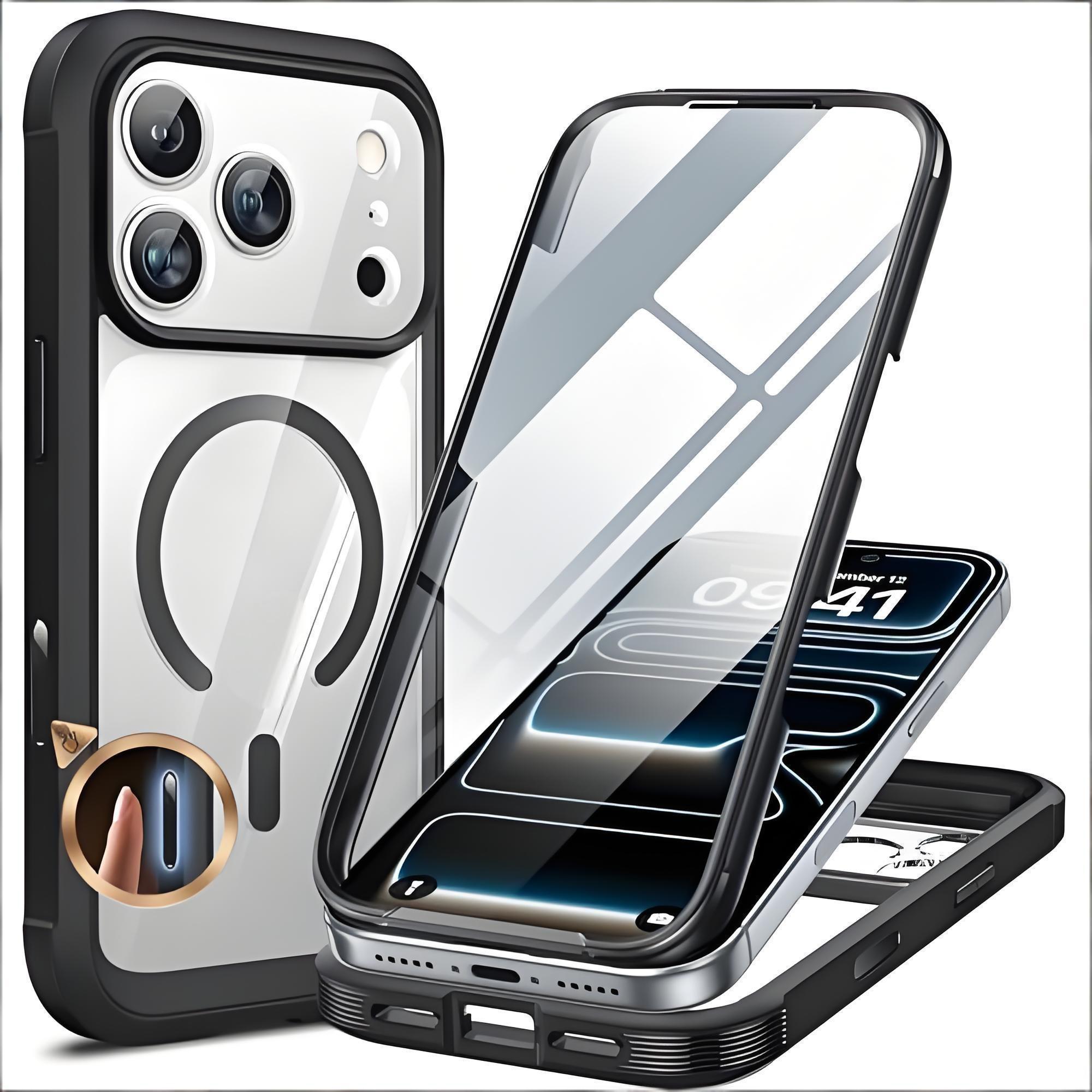 360° Rugged Durable Transparent Case for iPhone 17 Pro Max 16 15 Plus 14 13 12  Magsafe Wireless Military Shockproof Cover with HD Screen Protector TPU Clean Phone Bumper