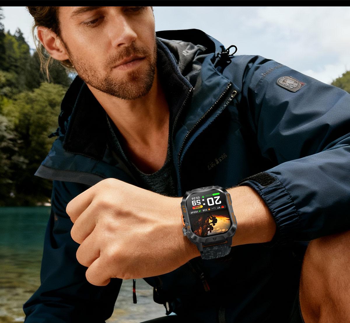 HT46 Outdoor Smart Watch Bluetooth Calling Heart Rate Sleep Blood Oxygen Monitor LED Light for Cycling Hiking Camping