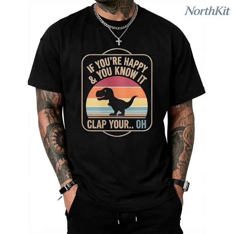 Unisex Vintage Retro Dinosaur T-Rex Graphic Print Short Sleeve Tops, Classic Fit Round Neck Pure Fabric Tee, "If You're Happy and You Know It" Design, Black Sports Top Gifts for Adults, Unisex Sizes, Playful Print, Shortsleeve, Tshirt, Streetwear, Distres