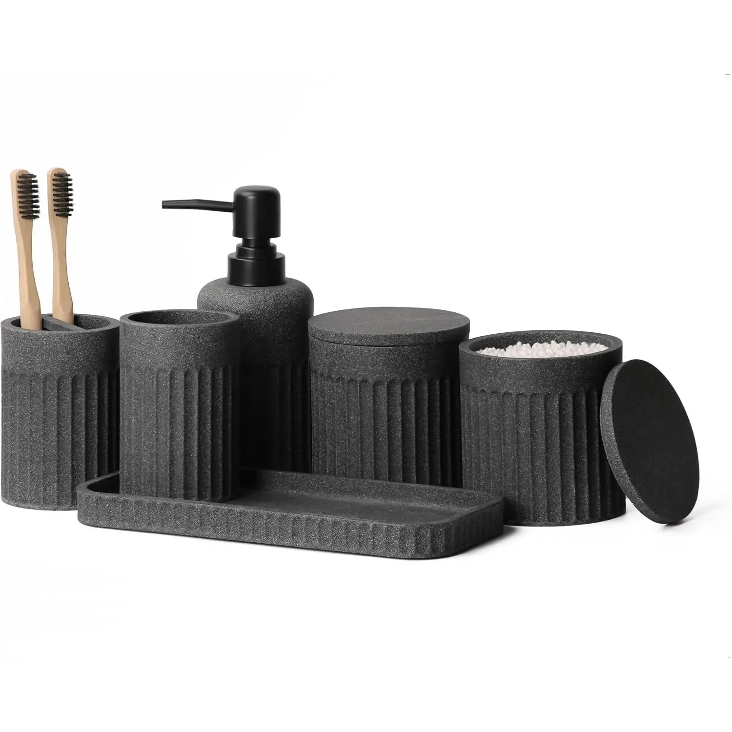 Bathroom Accessory Set, 6 Pieces, Dark Grey | Resin, Bathroom Accessories Set, Includes Soap Dispenser Set, Toothbrush Holders, Tumbler, Vanity Tray & 2 Qtip Holder