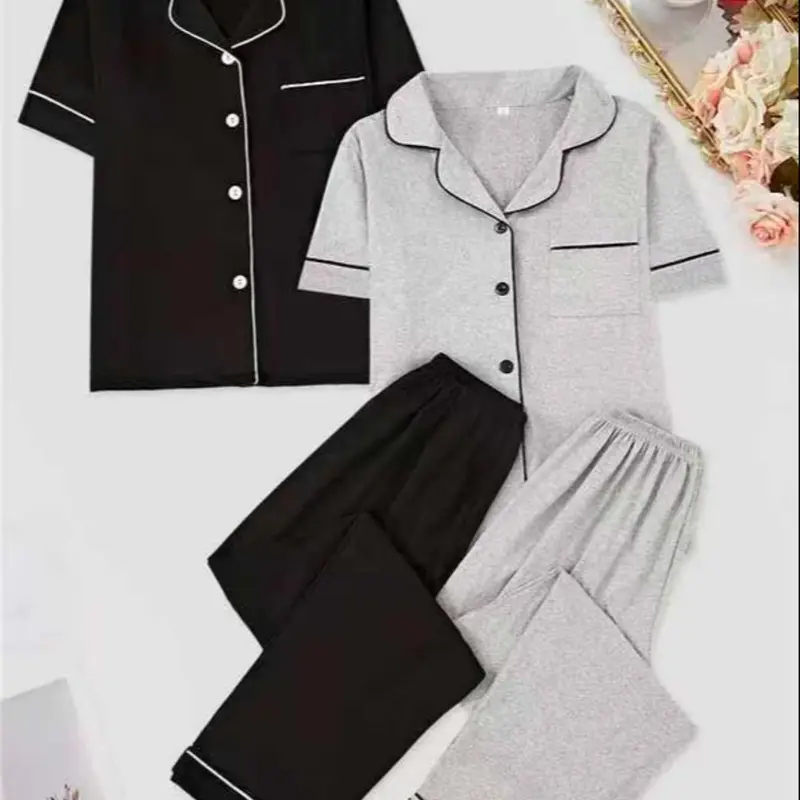 4-Piece Black Gray Pajama Set, Short Sleeve Long Pants, Milk Silk Collar, Chest Pocket, Spring Summer Home Wear, Casual Fitted Style