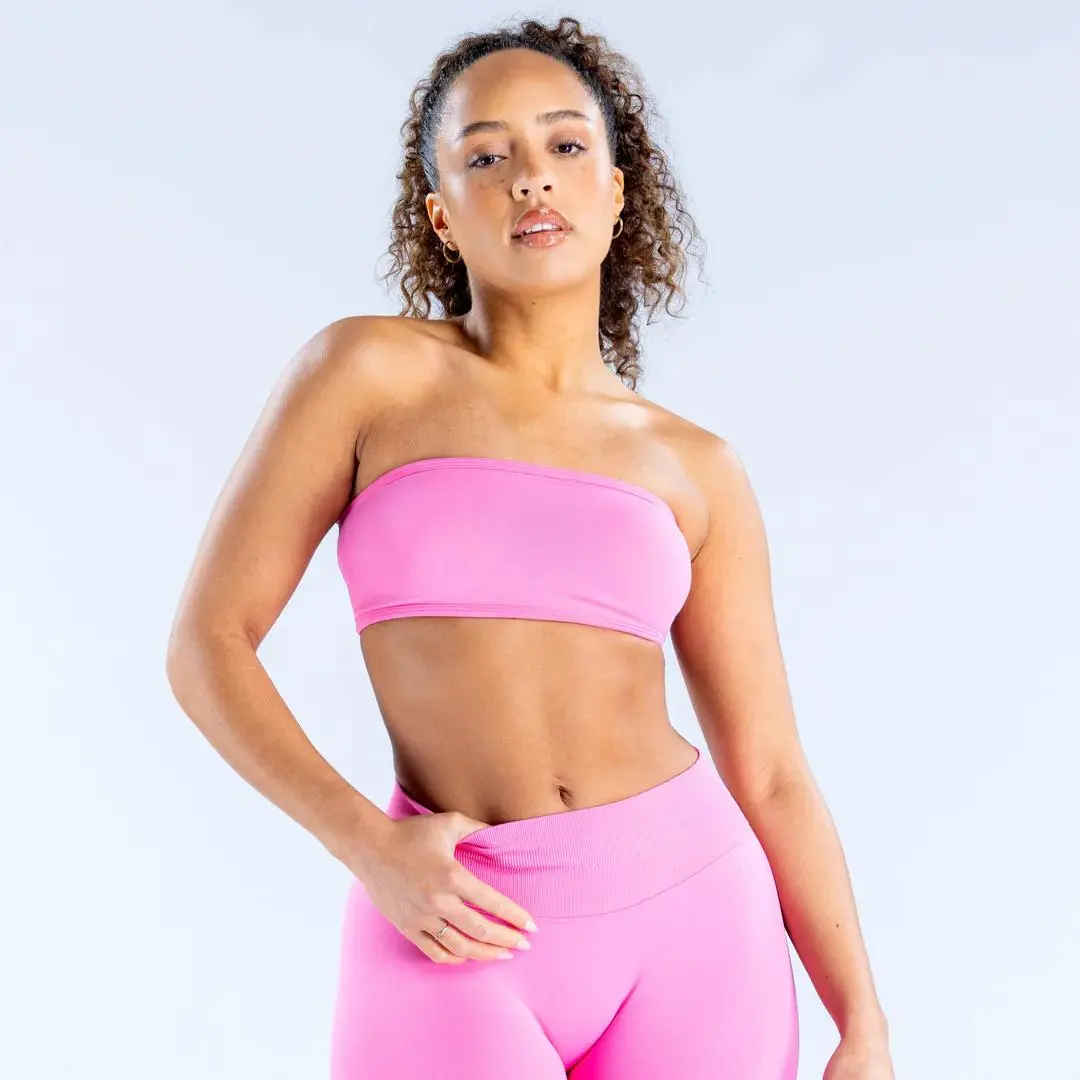 DFY~ Impact Backless Bandeau - Off Shoulder Seamless Strapless Workout Top For Women Sculpting Stretch Fabric Gym-To-Street Style Pink Yoga Sports Bra Yoga Clothes