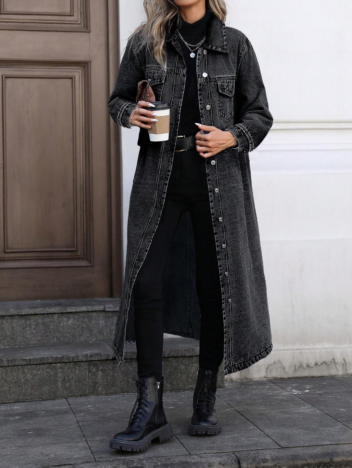 Women's Button Front Denim Coat Outerwear, Casual Style Outerwear, Elegant Casual Basic Long Sleeve Denim Jacket for Spring & Fall, Women's Clothing for Daily Wear, Jean Coat, Daily Wear Jackets, Autumn Outerwear