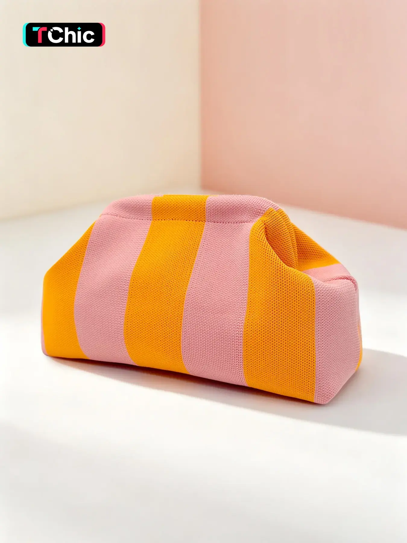 Women's Colorblock Striped Cloud Handbag, Foldable Knit Clutch, Large Capacity Makeup Bag, Cosmetic Bag, Travel Makeup Pouch, Ideal for Work, Parties, Travel, Gifts