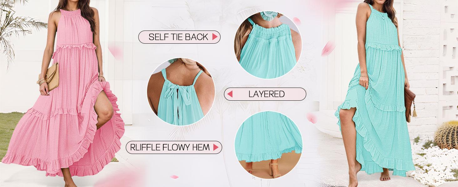 【ETCYY】Women's Loose Flowy Halter Boho Maxi Sundress – Summer Outfits with Ruffle Hem for Beach, Prom, or Casual Brenay Court Style – Sleeveless, Waisttrainer-Friendly, Light Blue Minimalist Basic Womenswear