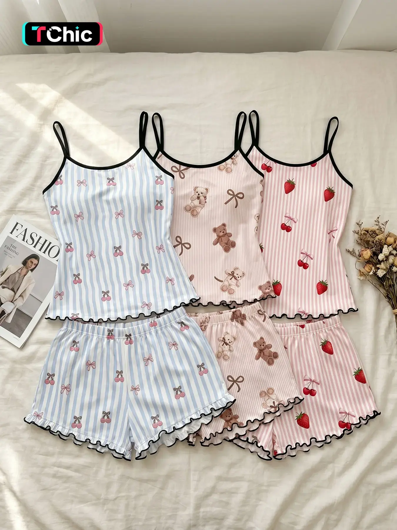 Women's 3 Piece Cami Top Spaghetti Strap and Shorts Pajama Sets, Camisole Sets, All Season Wear, Pastel Stripe Cherry Bear Strawberry Bow Print Ruffle Hem, Pastel Aesthetic, Cute, Loose Breathable for Home & Casual