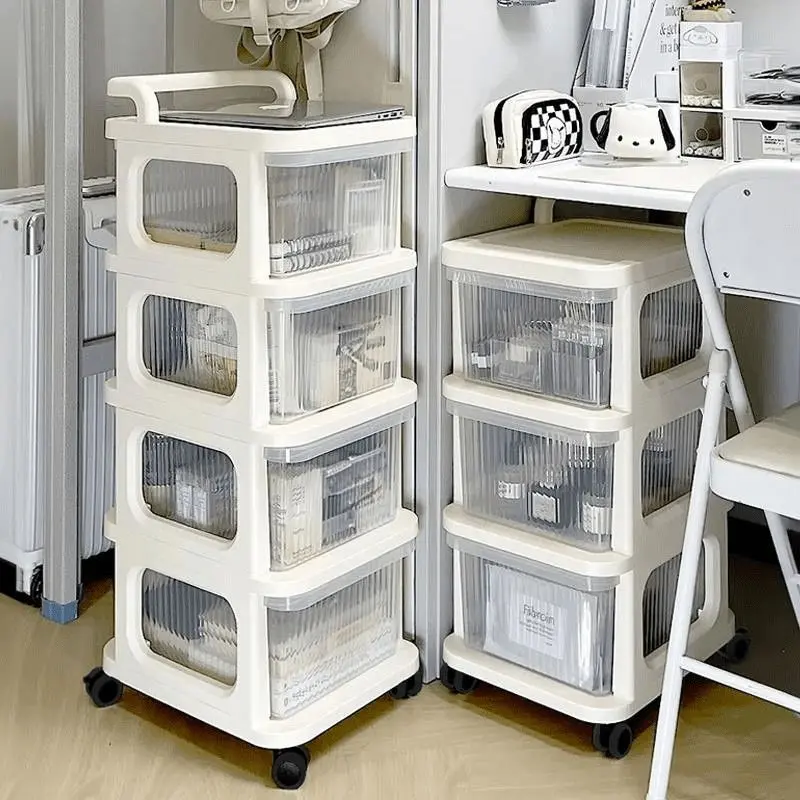 Mobile Wheeled Cream Color Storage Cart, Multi Tier Snack Shelf, Cute Rolling Organizer For Living Room Racks