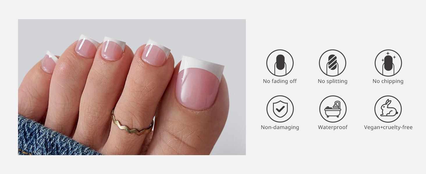 BTArtbox Press On Toenails - Real Square Toe Nail Press Ons with Glue for Women, French Tip Fake Toe Nail Tips in 15 Sizes - 30 Toenails Kit