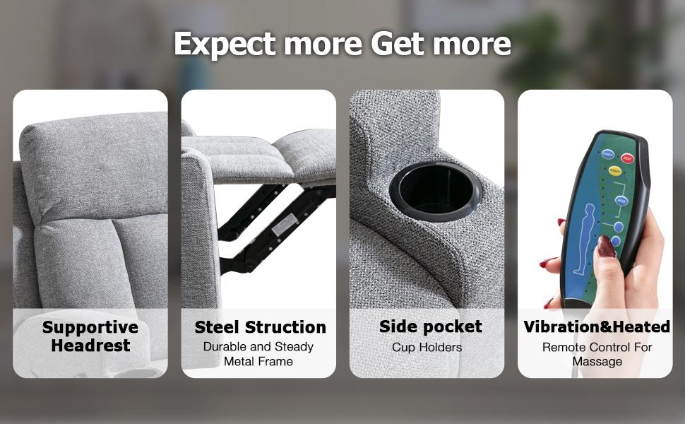 [SpringStatements] Manual Recliner Chair with Massage and Heat Ergonomic Overstuffed Breathable Fabric Reclining Chair with 2 Side Pockets, 2 Cup Holders, Remote Control, Living Room, Bedroom