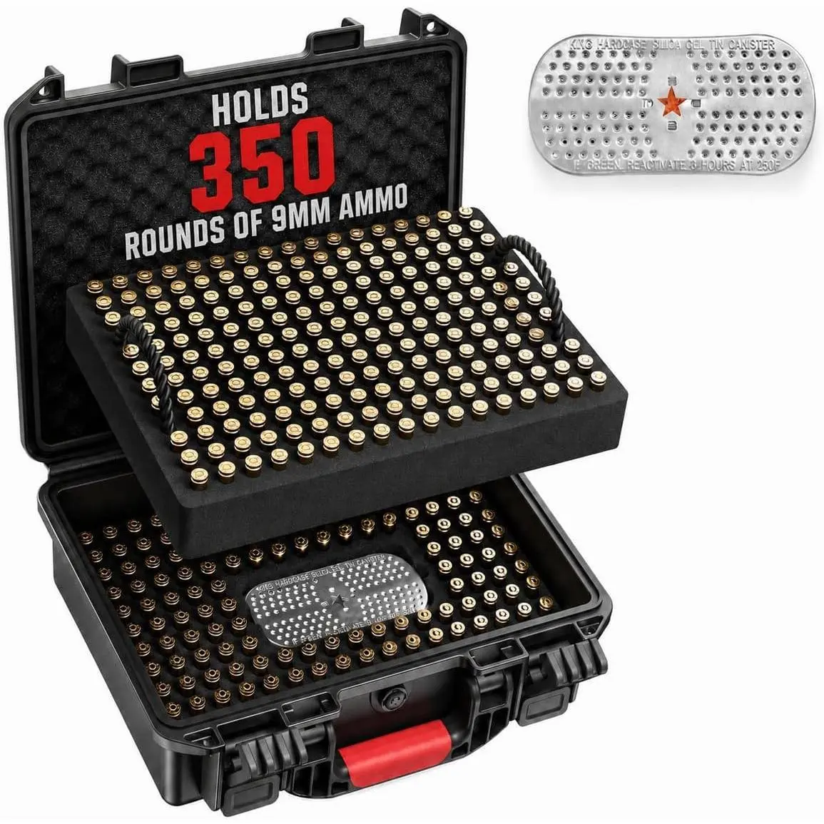 9mm Ammo Case, IP67 Waterproof Ammo Box with Dual Trays for 9x19mm Parabellum, 9mm Luger, .40 S&W, .380 ACP and .38 SPL