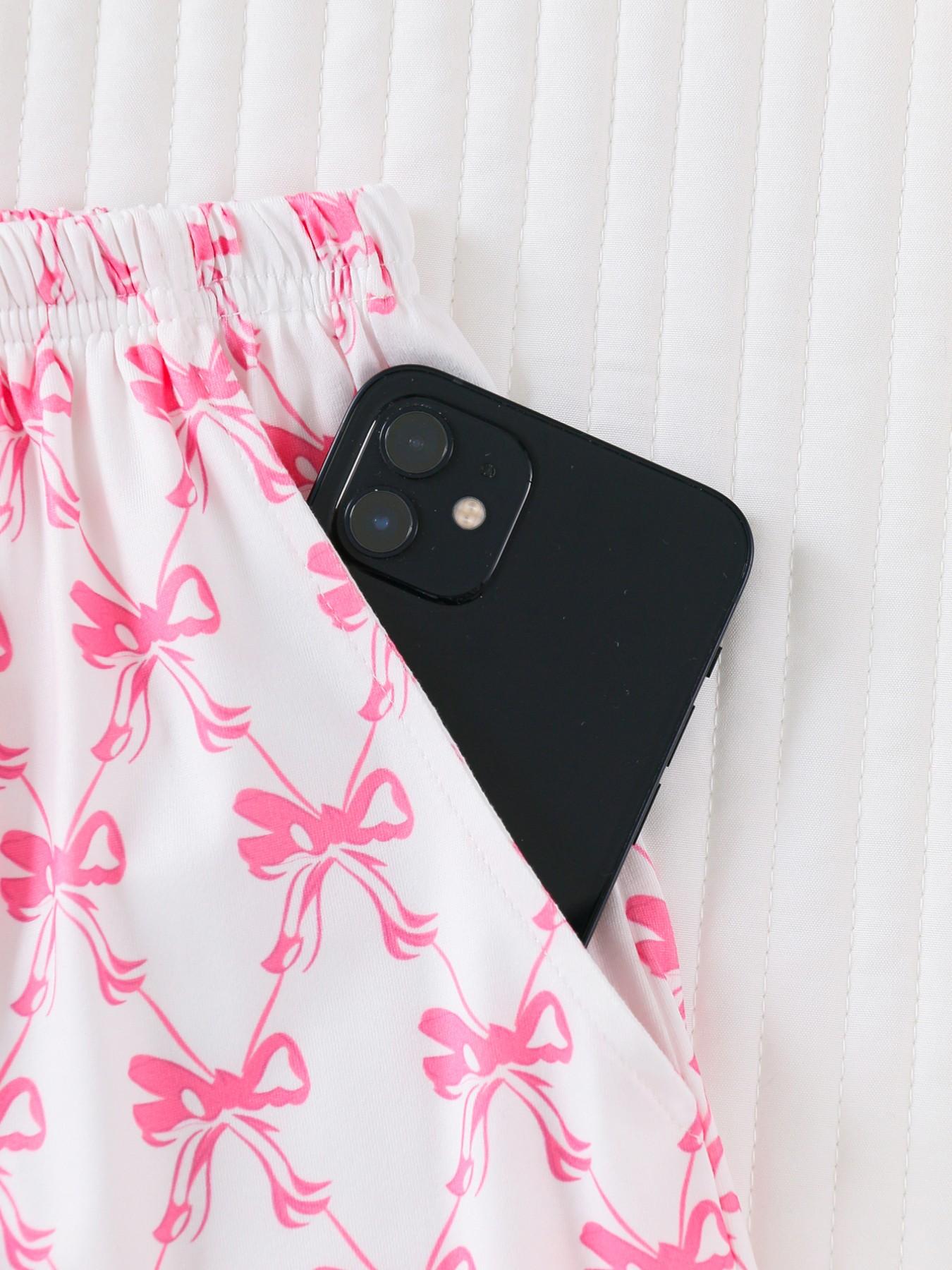 Women's Two-Piece Sleepwear Set, Bow Full-Print Design, Soft & Smooth Fabric, Casual Fitted Style, All Season Comfortable Wear