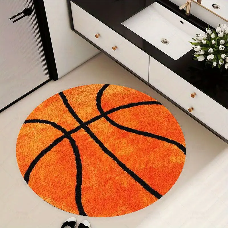 Round Flannel Rug - Orange basketball-shaped plush floor mat, fun non-slip decorative mat for living room and bedroom (no size information). Soft flannel round carpet, absorbent, non-slip, machine washable, suitable for bedroom, living room, kitchen, and