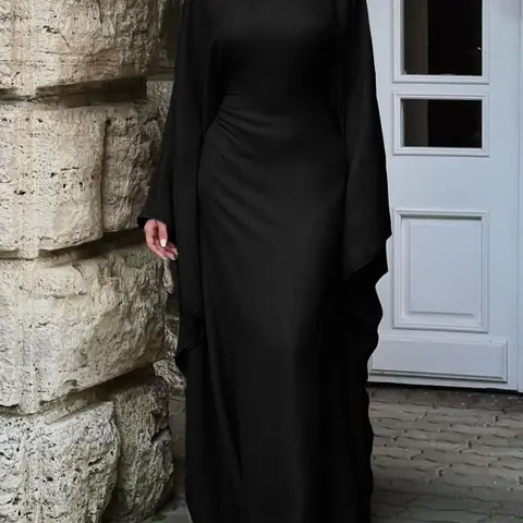 Women's Solid Color Loose-Fitting Batwing-Sleeve Long Dress, Casual Everyday Wear, Casual Daily Outfit, Womenswear, Minimalist Chic Summer Woven Fabric Dress, Perfect for Relaxed Outings