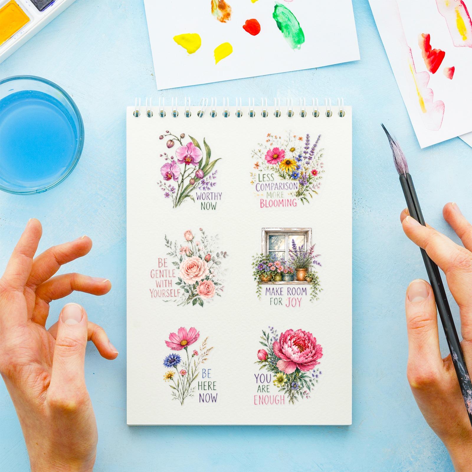 50Pcs Clear PET Watercolor Floral Positive Quote Stickers, Aesthetic Transparent Decorative Stickers, Planner Accessories, Office Products, Back To School Stationery for Journal Scrapbook Notebook
