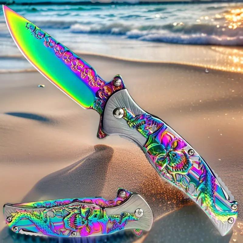 Pocket Knife, Cool Pocket Folding Knife With 3D TITANIUM-PLATED SKULL Patterns, Great Christmas Gift EDC Knife For Men Outdoor  Camping
