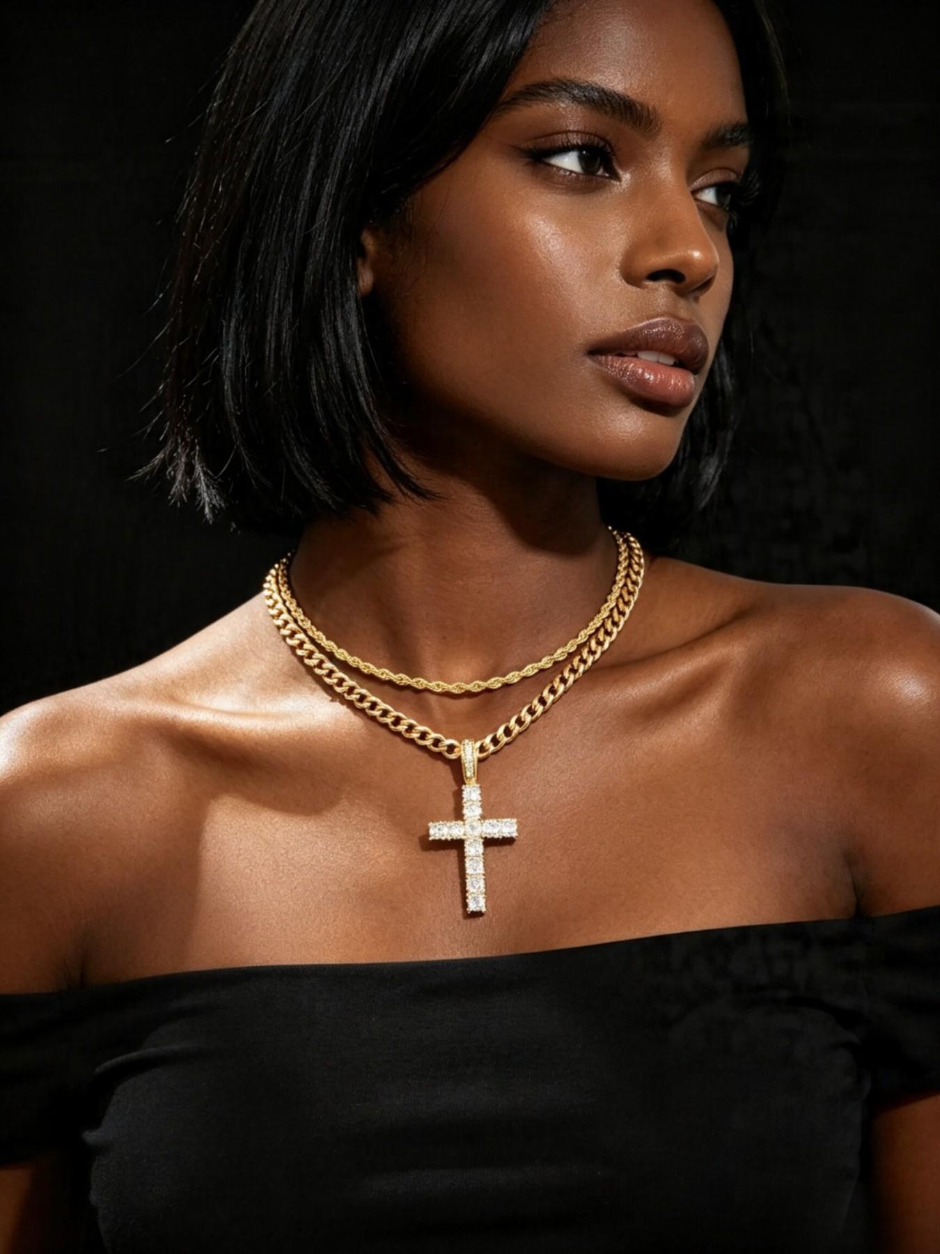 3pc Luxury Ice Zircon Cross Pendant Set, Faith Pendant Necklace, Cuban Link Design Chain & Braided Rope Necklace, Religious Jewelry Accessories