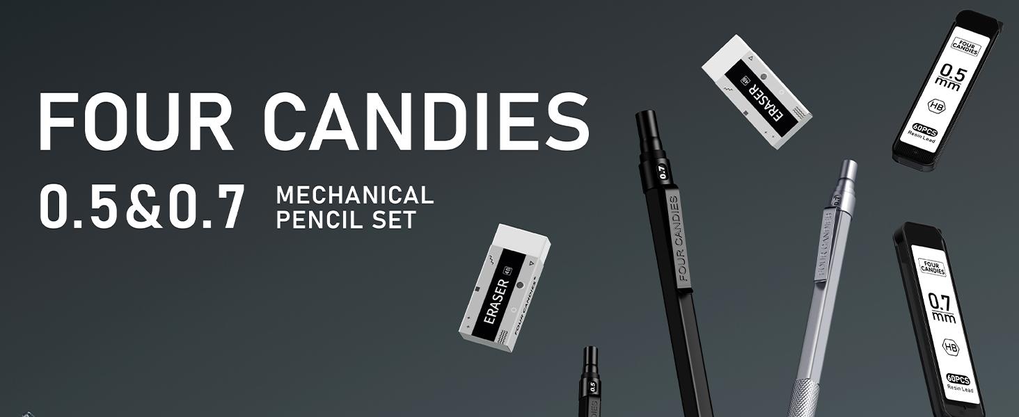 Weighted Pencil !!!Four Candies Metal Mechanical Pencils Set with Case, For Writing Drafting, Drawing, Sketching, 0.5mm & 0.7 mm Artist Pencil with 8 Tubes HB Lead Refills, 3 Erasers,9 Eraser Refills, Suitable for School and Office art Creation. Weighted Pencil !!!Four Candies Metal Mechanical Pencils Set with Case, For Writing Drafting, Drawing, Sketching, 0.5mm & 0.7 mm Artist Pencil with 8 Tubes HB Lead Refills, 3 Erasers,9 Eraser Refills, Suitable for School and Office art Creation.