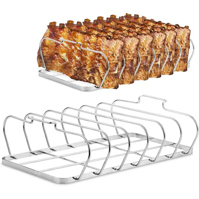 6 Slot Rib Rack for Smoking, Stainless Steel BBQ Rib Holder for Grill, Easy Clean Smoker Accessory for Outdoor Cooking & BBQ Parties