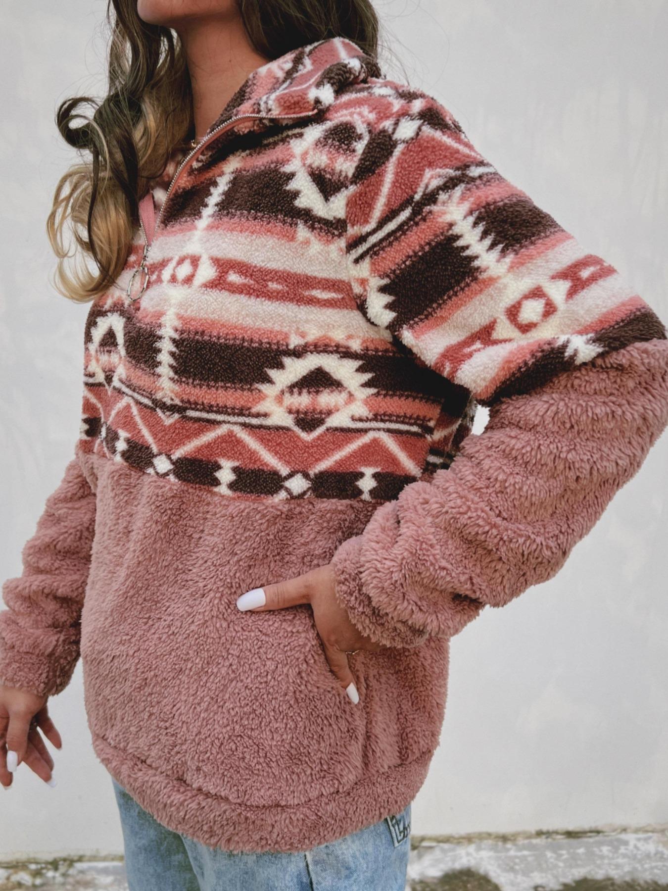 Women's Colorblock Geometric Print Drop Shoulder Zip Up Fuzzy Sweatshirt, Boho Long Sleeve Collared Polar Fleece Pullover for Fall & Winter, Ladies Clothes for Daily Wear