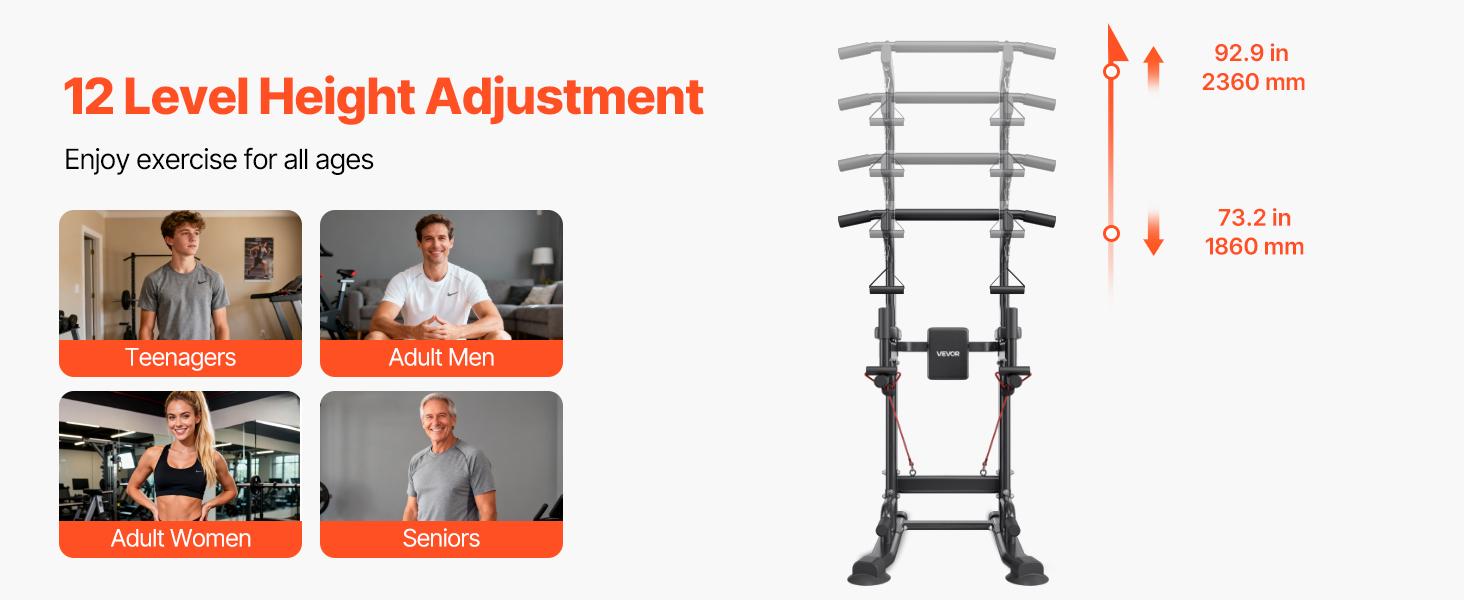 VEVOR Pull Up Bar, 330 LBS Power Tower Dip Station, Workout Dip Station with H-Shaped Stable Base Back Pad, Adjustable 12 Level Height Free Standing Chin Up Bar for Back, 4-Level Adjustable Back Pad