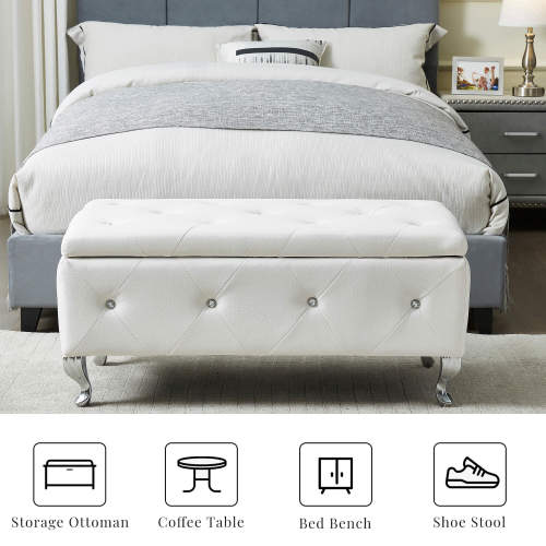 [Bellemave]Upholstered Storage Ottoman Bench For Bedroom End Of Bed Faux Leather Rectangular Storage Benches Footrest With Crystal Buttons For Living Room Entryway