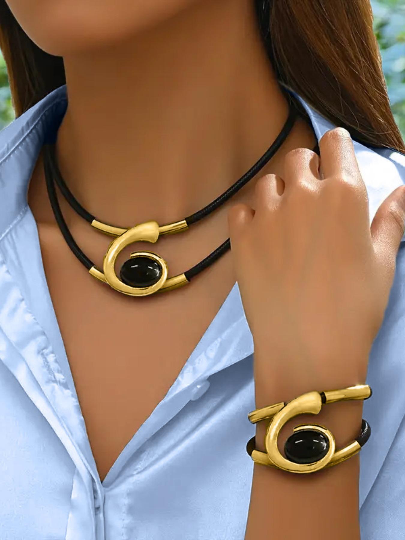 Boho Style Acrylic Gemstone Jewelry Set, Women's Necklace Bracelet Combination, Spiral Snail Design, Fashion Accessory