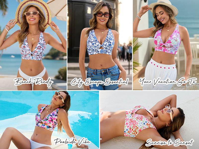 GRAPENT Bikini Top for Women Twisted Keyhole Padded Criss Cross Back Floral Print Beach Bathing Suits Swim Tops Only