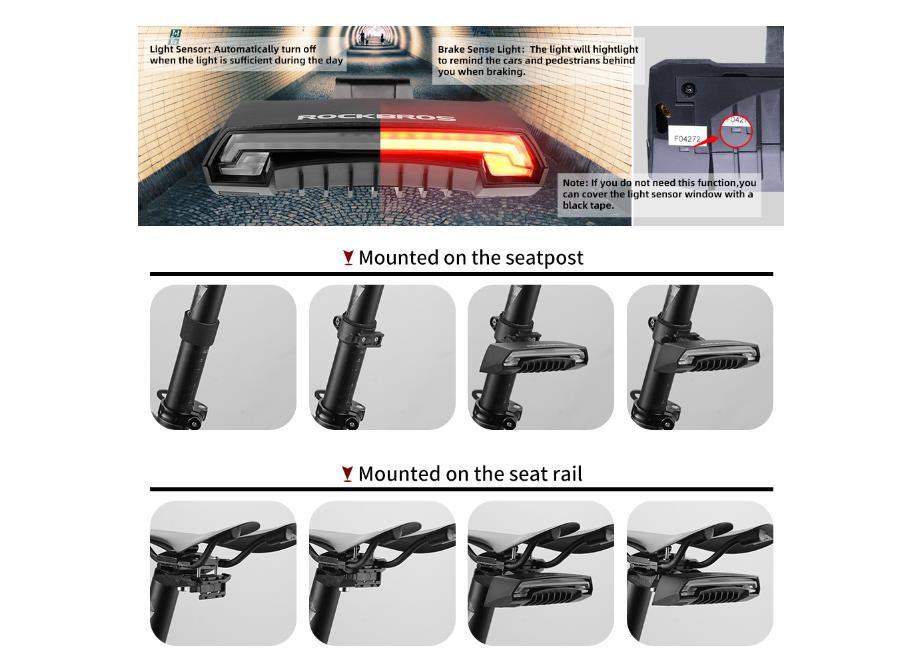 ROCKBROS Bike Tail Light Smart with Turn Signals, Wireless Remote Control Brake Bike Rear Light USB Rechargeable Bicycle Back Warning Light for Night Riding Safety