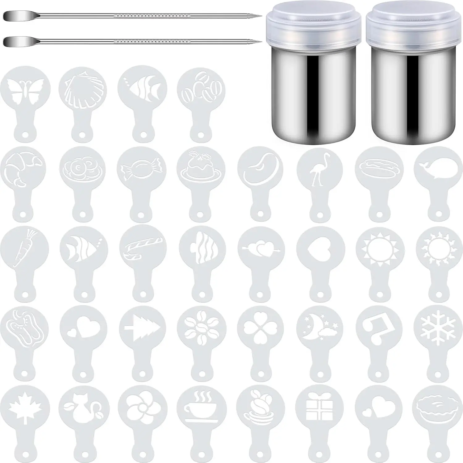 72 Pieces Coffee Decoration Stencils Latte Art Template Coffee Mold Tool with 2 Latte Art Pen 2 Dusting Jars Mesh Powder Shaker for Cake Cookie Decorating Oatmeal Cappuccino Hot Chocolate