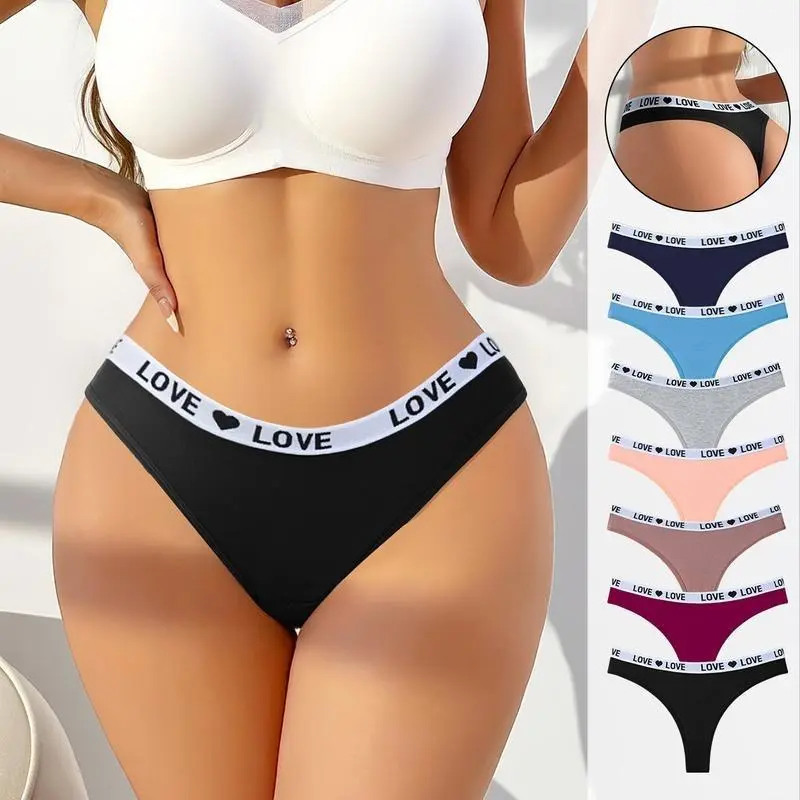 Women's 7-Pack Mixed Color Cotton Low-Rise Thong Panties - Love Heart Waistband, Soft Breathable Stretch Fabric, Wire-Free, Comfortable Fit, Machine Washable, Spandex, Cotton Underwear, M=24-25, L=26-27 (Sports & Outdoor Protective Gear Accessory), Seven