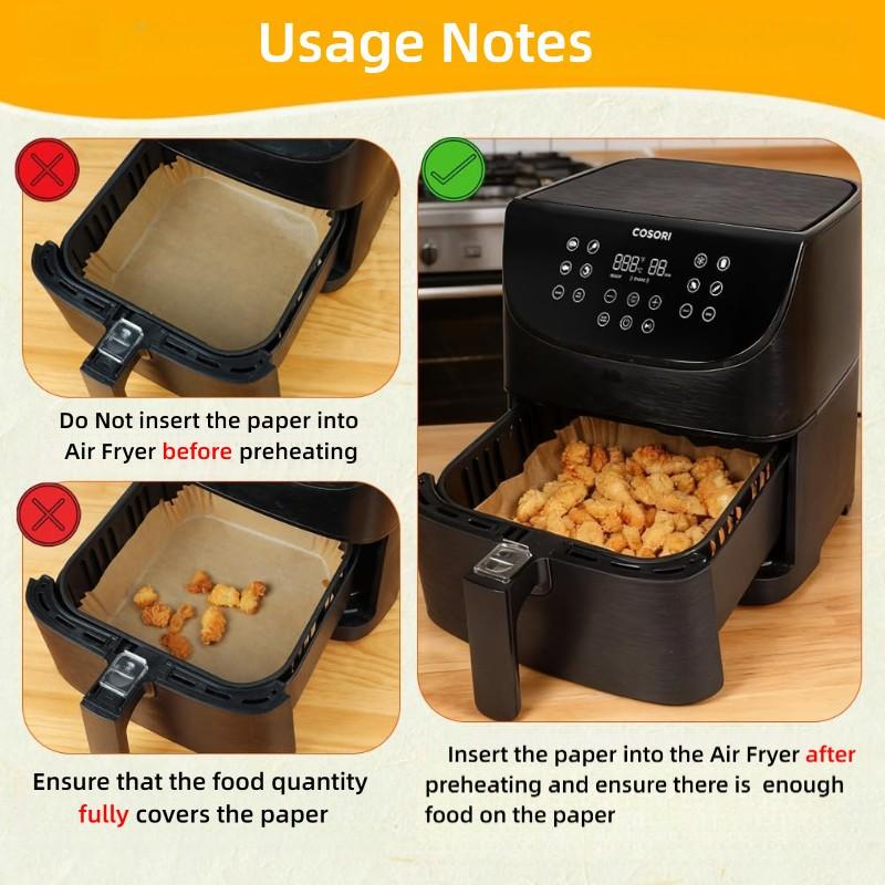 Kitchen Must-Have, 100 Pcs 6.3" Square Disposable Air Fryer Liners, Non-Stick Waterproof Oilproof, Food Grade Parchment Paper, Oven Microwave Safe, Bakeware