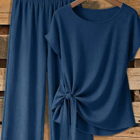 【Black Friday】Women's Casual Solid-Color Tie-Front Short-Sleeve Top and Loose Straight-Leg Pants Two-Piece Set, Spring and Summer Matching Outfit