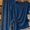 【Black Friday】Women's Casual Solid-Color Tie-Front Short-Sleeve Top and Loose Straight-Leg Pants Two-Piece Set, Spring and Summer Matching Outfit