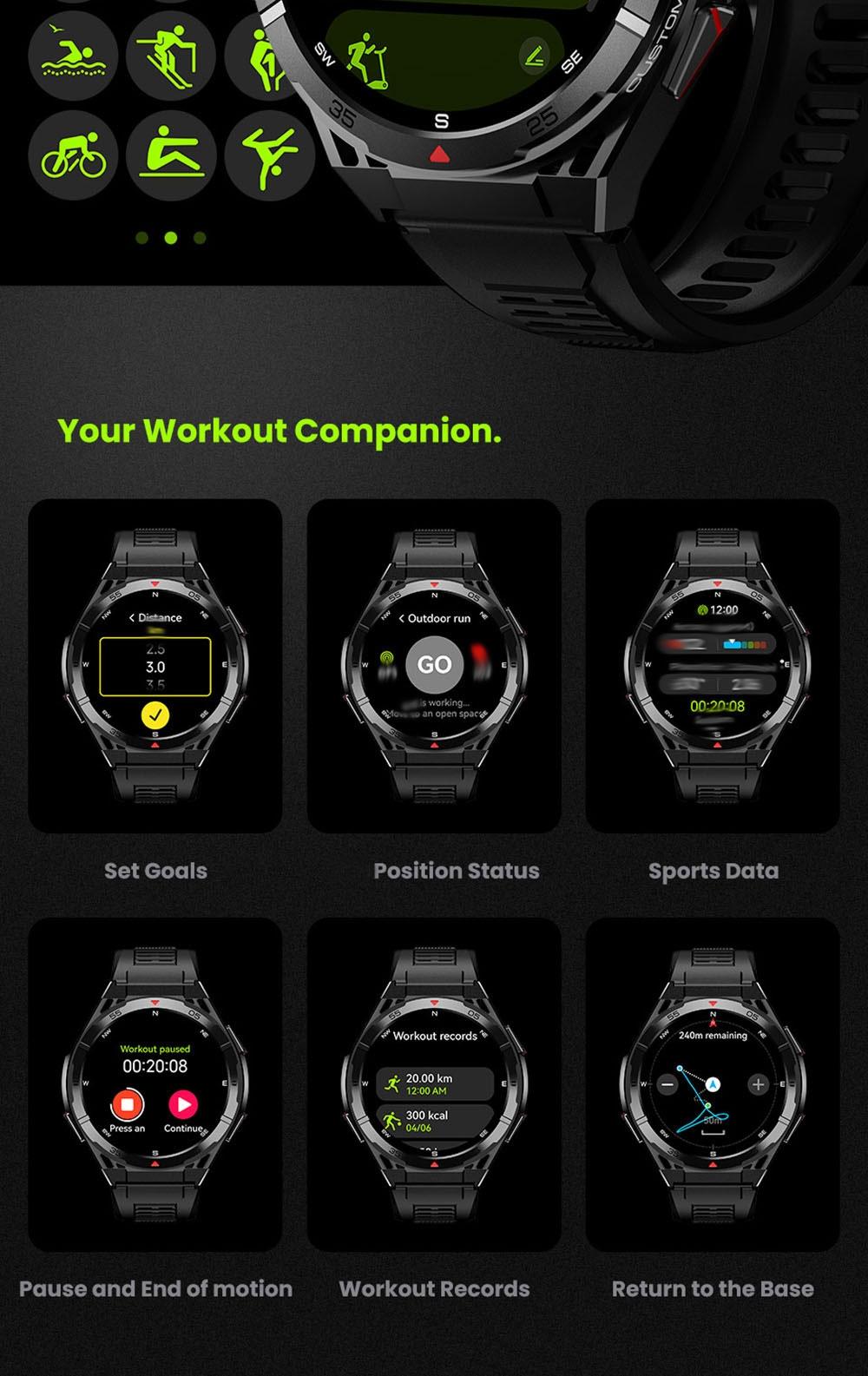 Outdoor sports 100+ sports mode, 1.43-inch full touch screen, 480mAh large-capacity battery, GPS tracking, wireless call, air pressure compass, voice assistant, message notification, compatible with IOS and Android, outdoor sports smartwatch