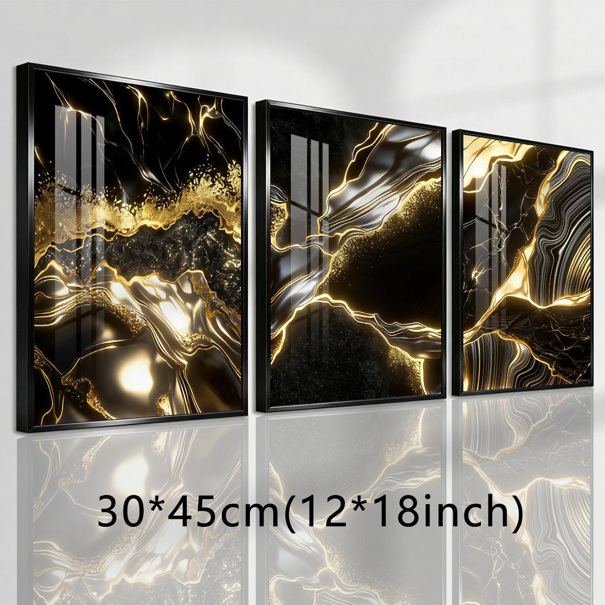 3 Counts Aluminum Alloy Framed Painting, Abstract Black And Gold Fluid Art Pictures, Home Decoration For Living Room, Bedroom, Office, Restaurant, Hallway Wall Decor, Odorless Print Artwork, Luxury Perfect Gift For Friends And Family