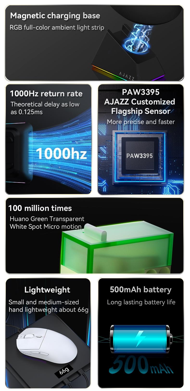 AJAZZ AJ139V2 MC RGB Wireless Mouse PAW3311 sensor low latency three-mode connection wireless charging base suitable for e-sports games and office lightweight 66g 1K return rate 500 mAh battery boys gaming mouse girls gift