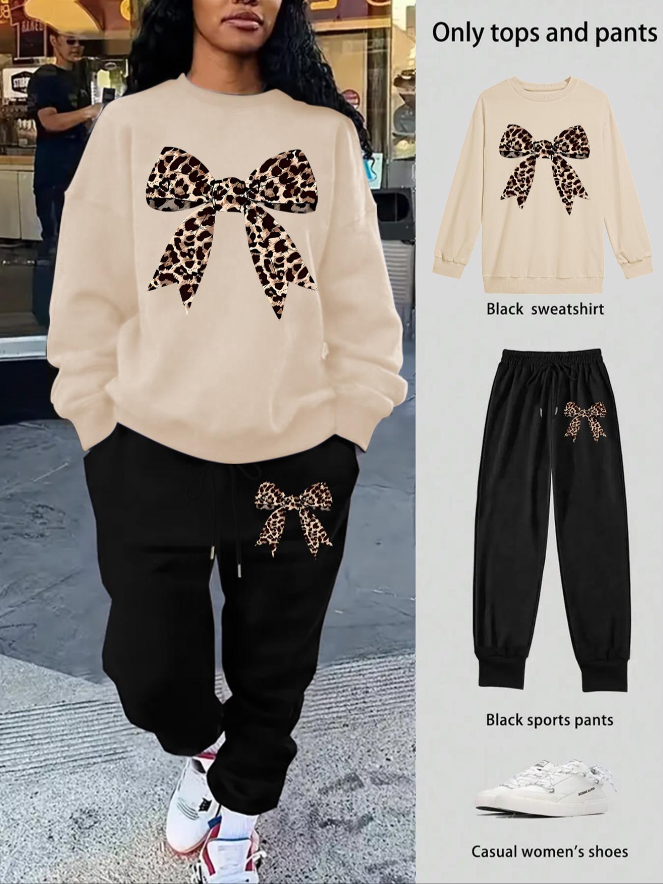 Women's Leopard Bow Print Sweatshirt Set, Long Sleeve Round Neck Top, Drawstring Pants, Casual Fitted for Fall Winter