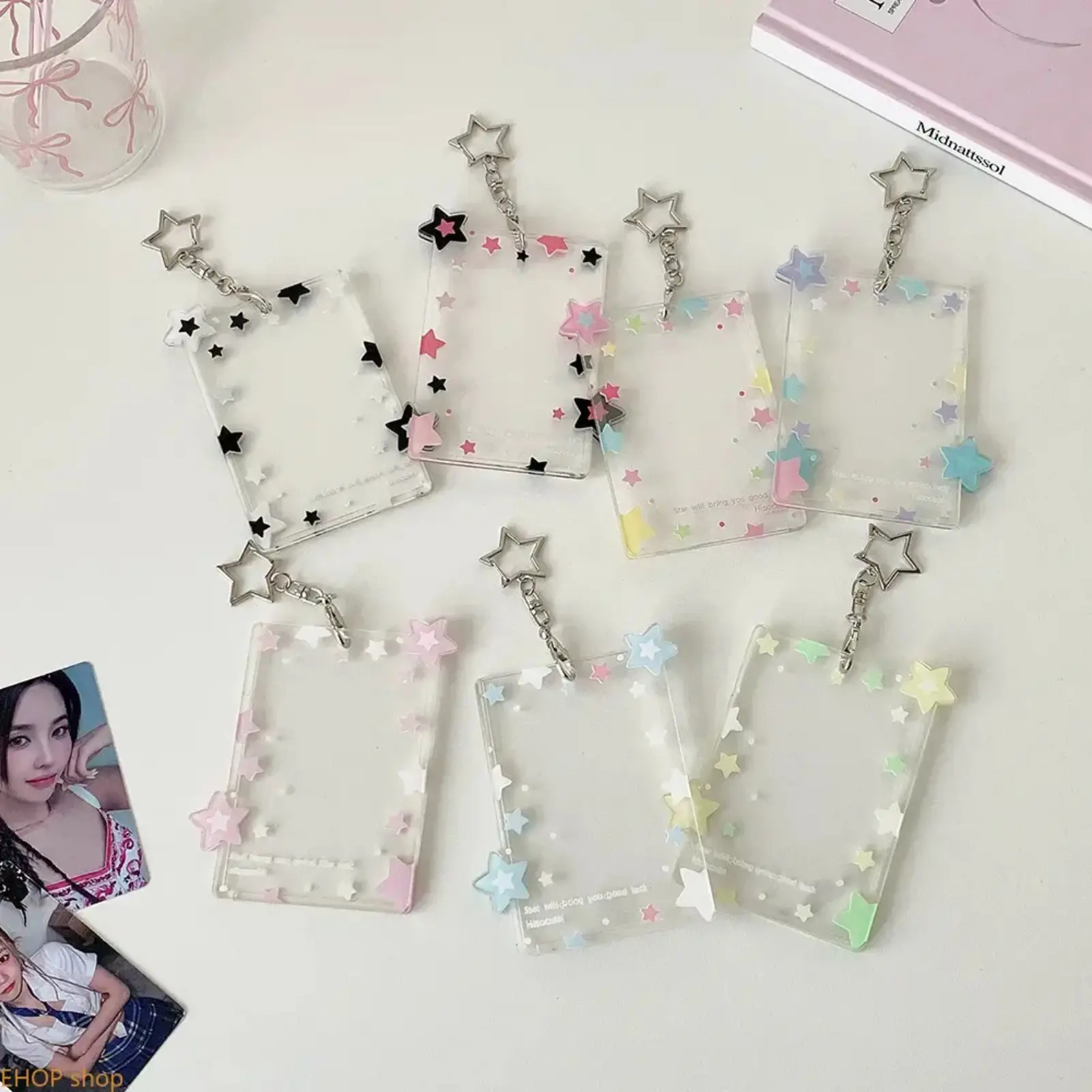 Pastel Star Clear Acrylic Photocard Holder with Star Keychain, Cute Kpop Idol Photo Card Protector Sleeve, Portable Collectible Display Accessory
