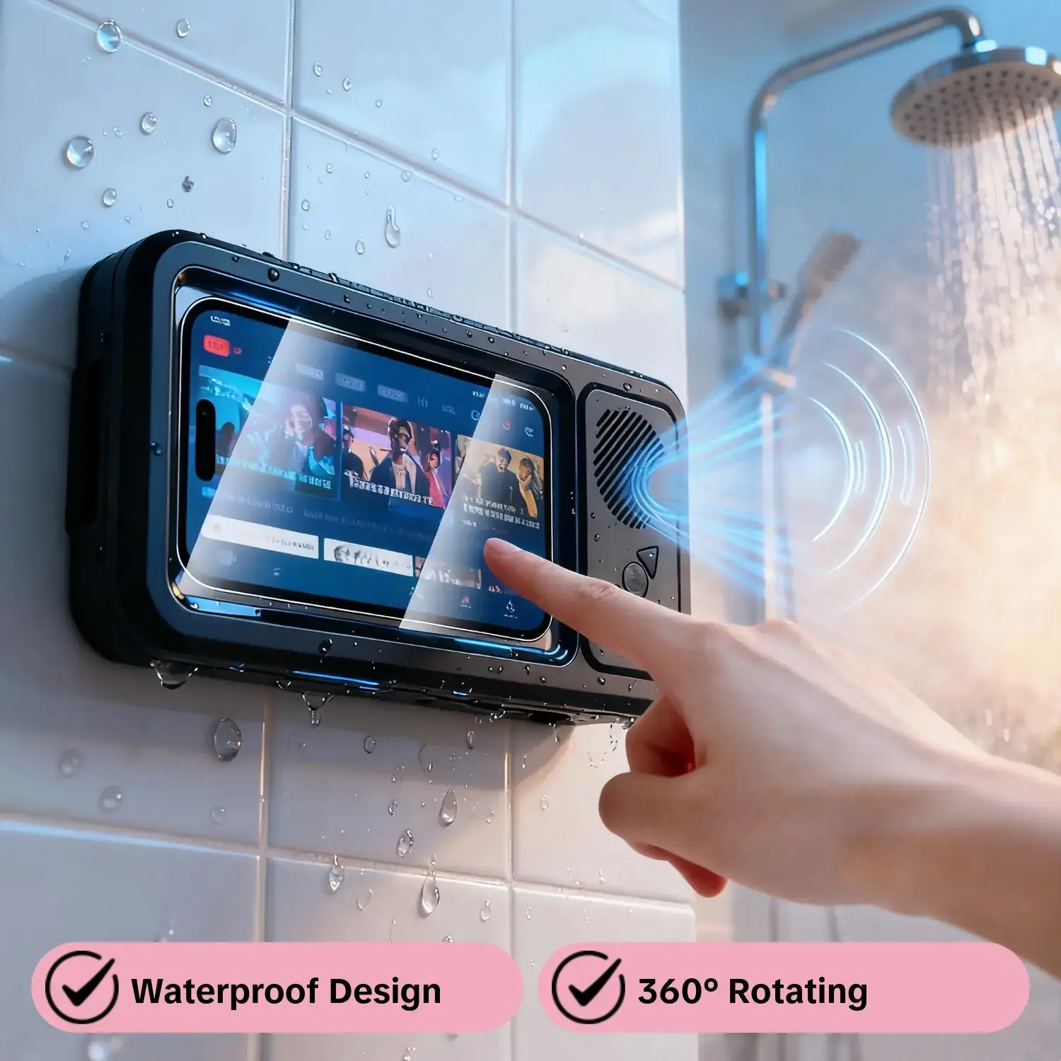 Waterproof box speaker, bathroom waterproof 360 ° rotating touch screen, Bluetooth speaker, watch movies, listen to music, phone holder Bluetooth speaker audio shower TV holder, swimming pool, kitchen, bathroom, sink