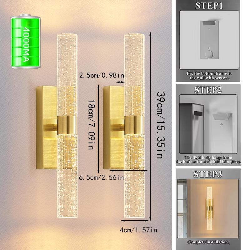 2Pcs Wall Lamps, Luxury Crystal LED Wall Lights, USB Rechargeable, 4000mAh, Magnetic Mount for Wireless Installation, Remote-Controlled Dimming, For Dining Rooms, Bedrooms and Bathroom Mirror Wall Lighting