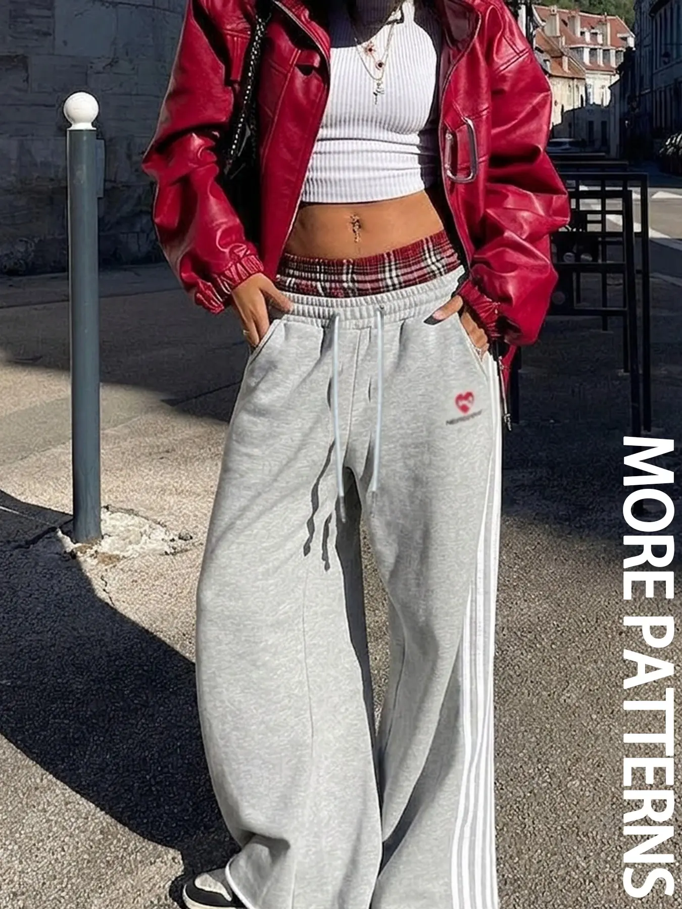 Women's Plaid Two-Layer Waistband Heart Letter Embroidery Wide Leg Sweatpants, Drawstring Loose Casual Drop-Waist Sports Long Pants