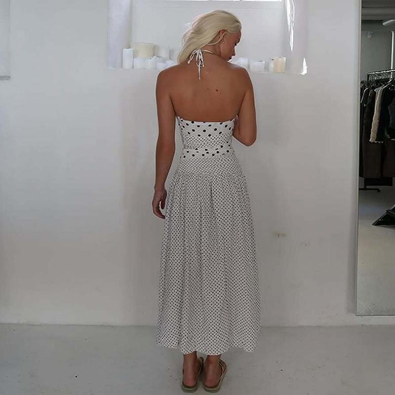 Women's Polka Dot Print Tie-neck Halter Dress, Bust Twisted Ruched Sleeveless Backless A-line Slip Dress, Party Club Date Holiday Beach Vacation Daily Casual Sweet Cami Maxi Long Dresses For Ladies Summer Fashion Clothes Wear