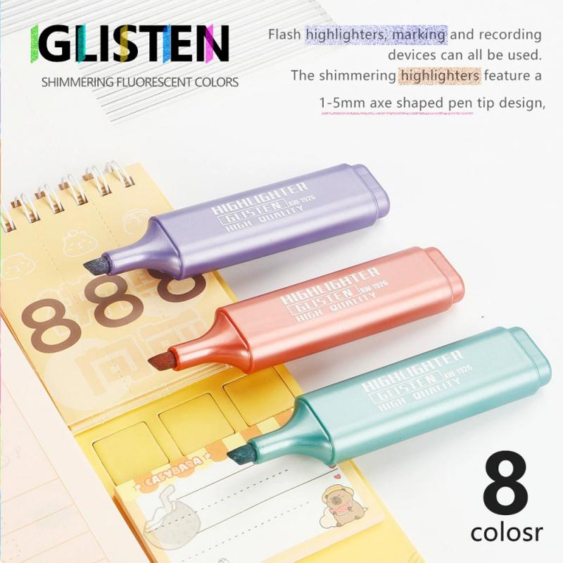 Glitter Highlighters Set 8Pack Subtle Colors with Chisel Tips, Flexible Line Width and Smudge-Proof Water-Based Ink for Sparkling Note-Taking,Cute Markers, Coloring Supplies