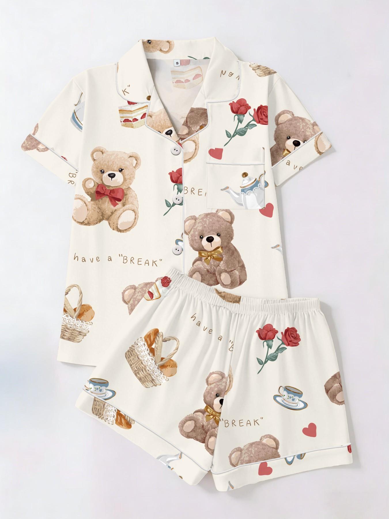 Women's Short Sleeve Button Down Top and Shorts Pajama Set, Spring Summer Wear, For French Romantic Lovers, White Base Rose Teddy Bear Print, Classic Lapel Collar, Loose Fit, Comfortable For Home & Travel